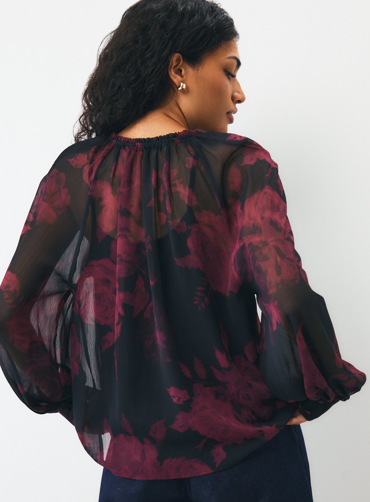 Burgundy Blurred Floral Frill Blouse 16 - Image 4 thumbnail